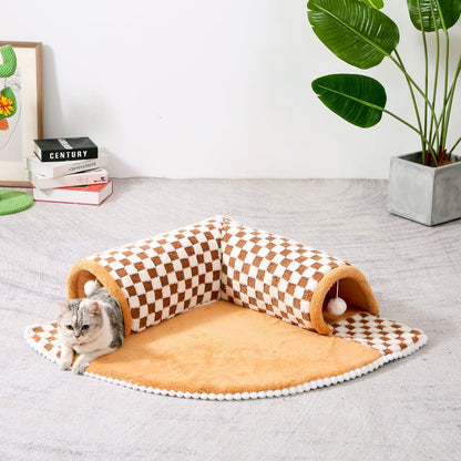 2-in-1 Plush Plaid Bed Tunnel